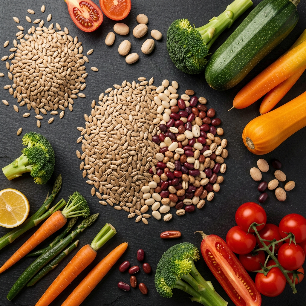 Overhead flat lay of whole grains, legumes and colourful vegetables arranged on a dark slate surface