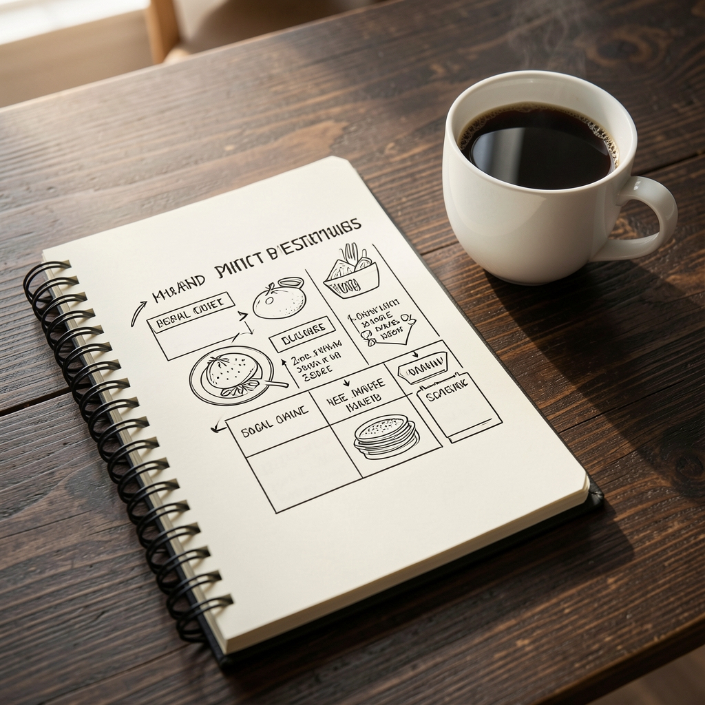 Notebook with hand-drawn meal plan diagram and a cup of black coffee on a dark wooden desk in morning light